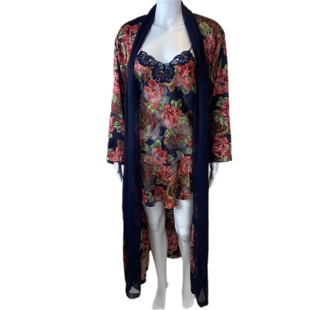 Vintage Victoria's Secret Gold Label Navy Floral Full-Length Robe & Chemise